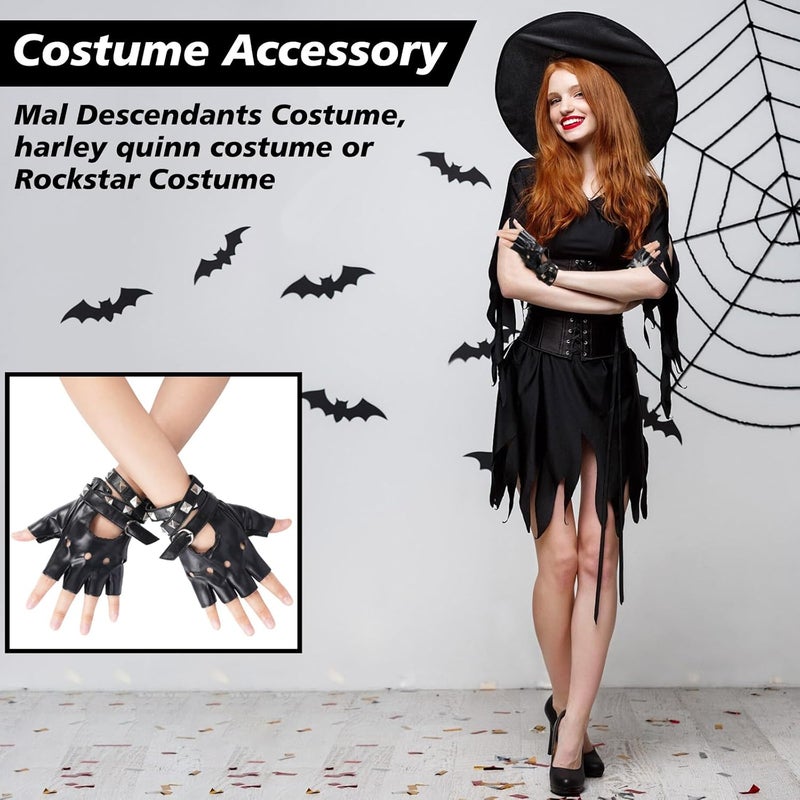 FAYBOX Black Leather Fingerless Gloves for Women Teens, Halloween Costume Accessories Belt Up Half Finger Gloves - Image 2